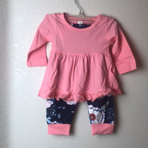 2pcs Baby Girl Solid Cotton Ruffle Trim Bow Front Long-sleeve Top and Floral - Picture 4 of 8